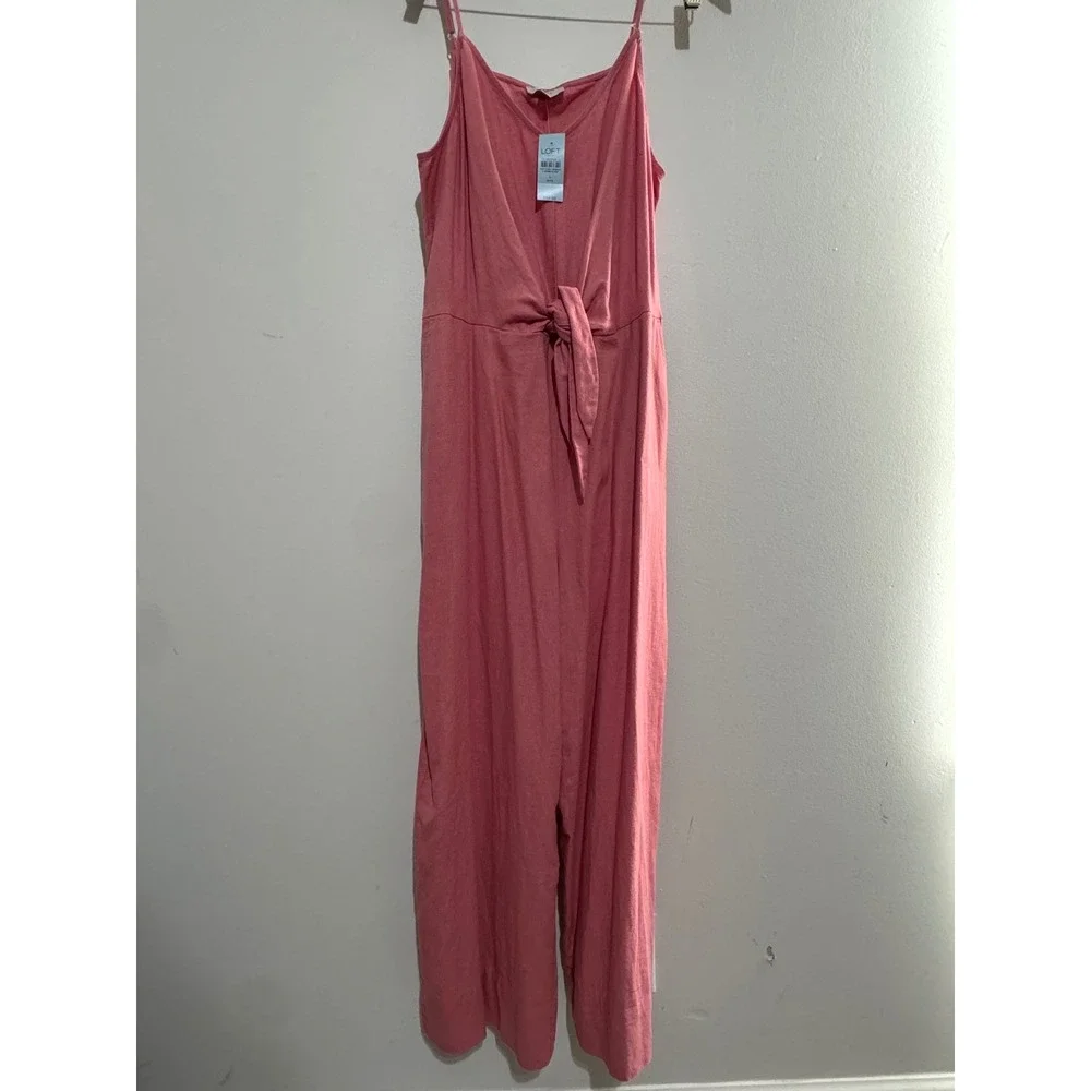 LOFT Outlet Womens Large Petite Pink Linen Blend Tie Front Wide Leg Jumpsuit NWT - Picture 6 of 10